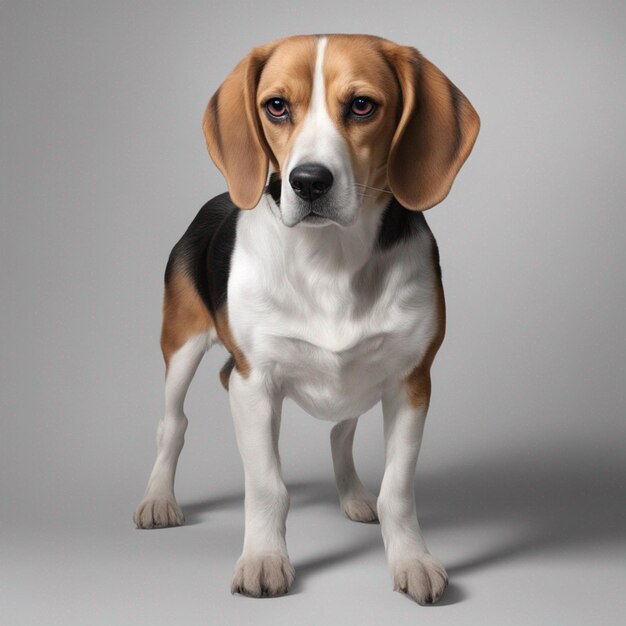 Un lindo perro beagle con un fondo gris limpio