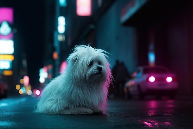 Foto un lindo perro blanco en la calle de la ciudad de neón cyberpunk