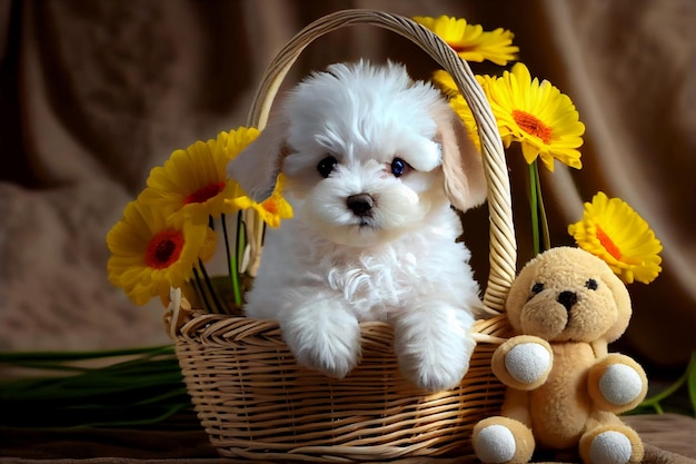 Lindo perro blanco en una canasta de mimbre con flores amarillas