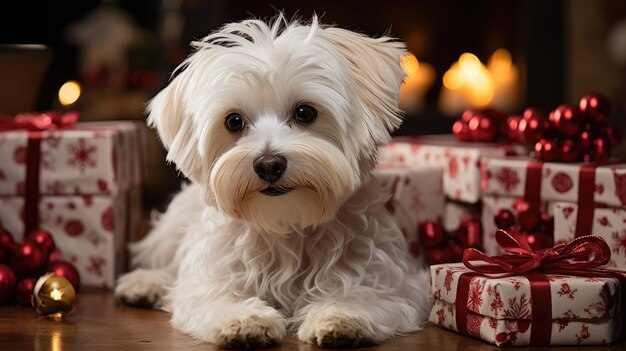 Foto un lindo perro blanco de raza pura junto a las cajas de regalos bokeh de las luces de navidad ai generando