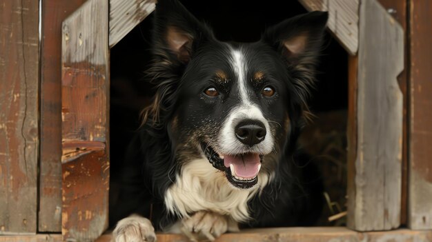 Un lindo perro Border Collie está sentado en una perrera de madera y mirando hacia afuera. El perro tiene una expresión feliz en su cara y está jadeando con la lengua fuera.