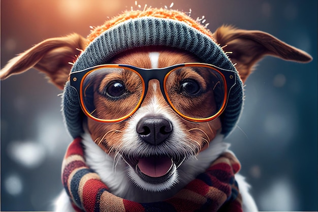 Un lindo perro con bufanda y gafas