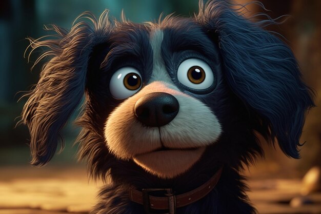 Lindo perro con cabello azul y ojos marrones renderizado 3d