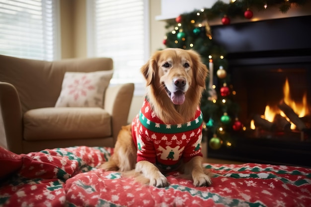 Lindo perro cachorro golden retriever con un feo suéter sobre una alfombra en el suelo en una habitación decorada para Navidad