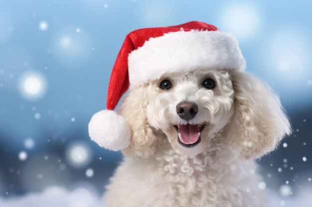 Un lindo perro caniche blanco sonriente con un sombrero de Papá Noel en un fondo nevado de invierno