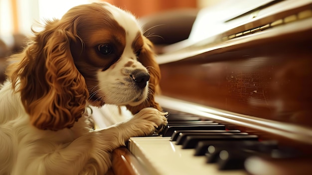 Un lindo perro Cavalier King Charles Spaniel está sentado en el banco del piano con la pata en las teclas