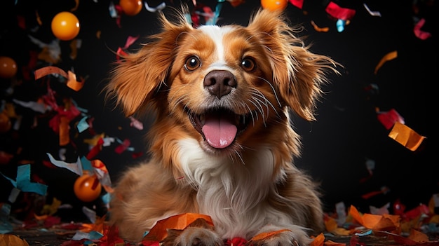 Lindo perro celebrando en una fiesta de cumpleaños con confeti y gorro de fiesta IA generativa