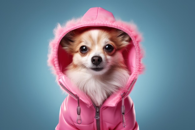 Lindo perro chihuahua de moda vestido con chaqueta rosa con capucha de cerca Pura raza Chihuahua con estilo