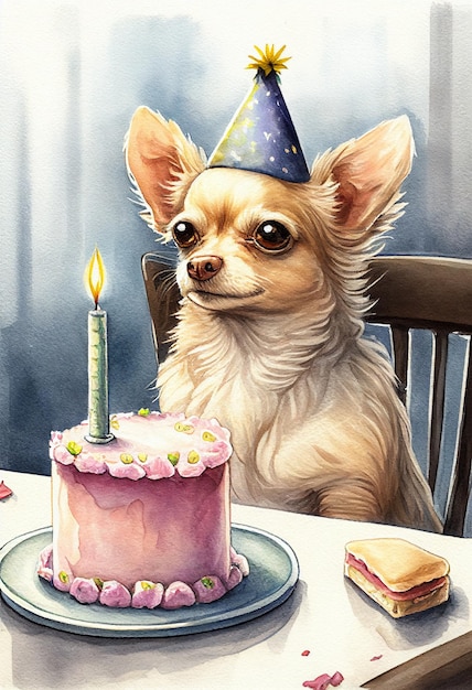 Lindo perro chihuahua con pastel de cumpleaños festivo Ilustración generativa de acuarela AI
