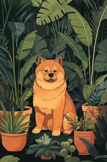 Lindo perro chow chowchow sentado entre las plantas de la casa en el jardín Ilustración de papel tapiz de tarjeta de felicitación