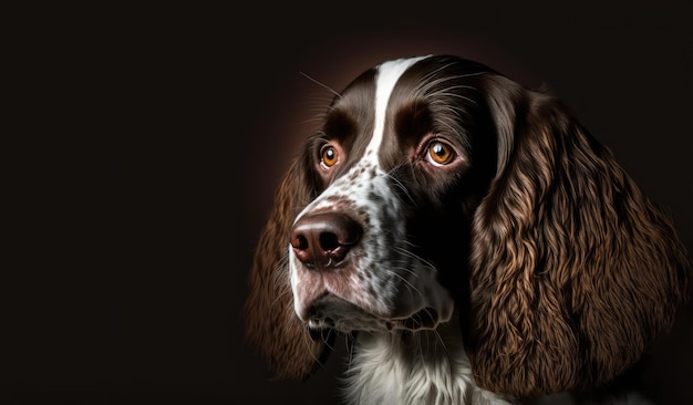 Lindo perro cocker smaniel con cabello castaño y blanco sobre un fondo oscuro IA generativa