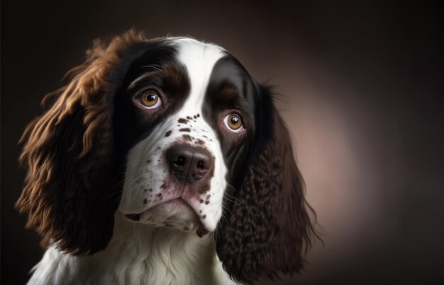 Lindo perro cocker smaniel con cabello castaño y blanco sobre un fondo oscuro IA generativa