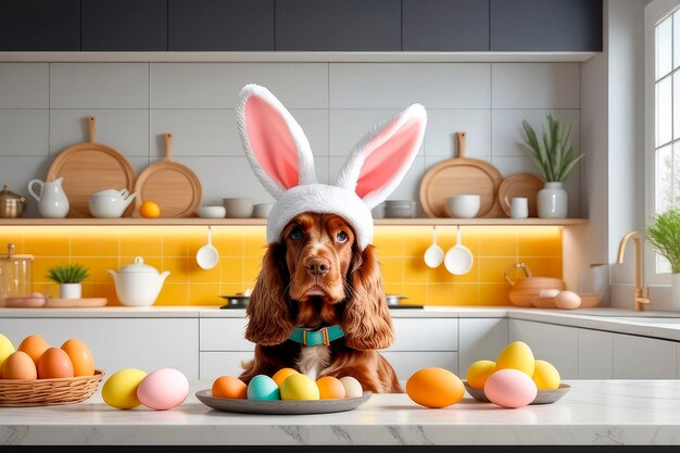 Un lindo perro cocker spaniel inglés feliz con orejas de conejo en una cocina