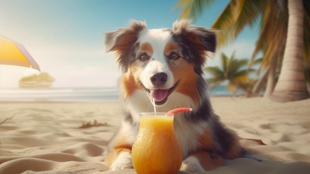 Lindo perro con coctail relajándose en la playa de arena cerca del mar vacaciones de verano con ai generativo de mascotas