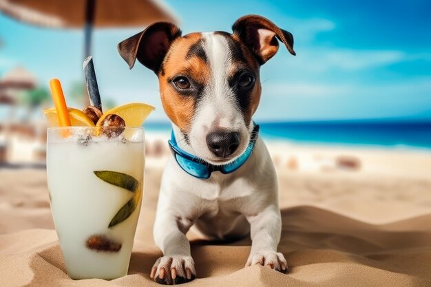 Lindo perro con coctail relajándose en la playa de arena cerca del mar vacaciones de verano con ai generativo de mascotas