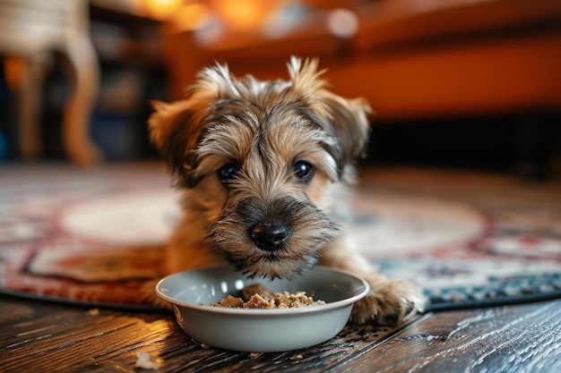 Lindo perro comiendo en casa