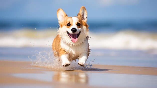 Lindo perro corgi corriendo en la playa del mar papel tapiz AI Arte generado