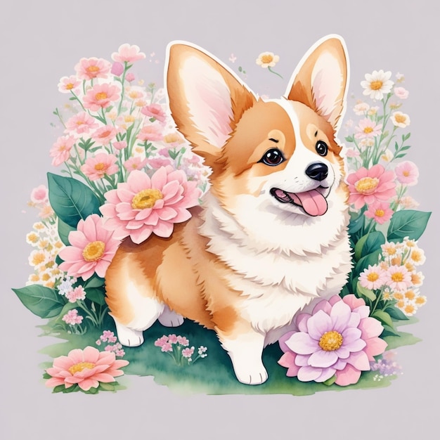 Lindo perro corgi con flores ai generativo.