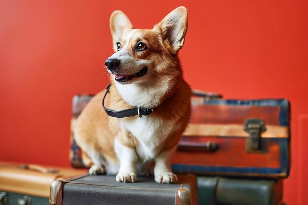 Un lindo perro corgi galés con una maleta sobre un fondo rojo