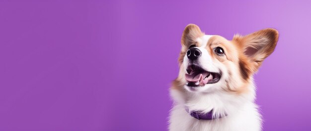 El lindo perro corgi galés sobre un fondo púrpura