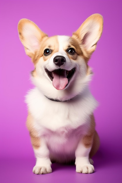 El lindo perro corgi galés sobre un fondo púrpura