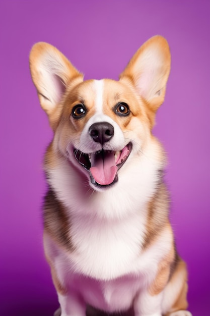 El lindo perro corgi galés sobre un fondo púrpura