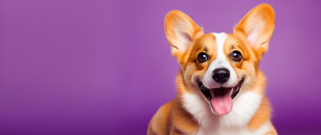 Foto el lindo perro corgi galés sobre un fondo púrpura