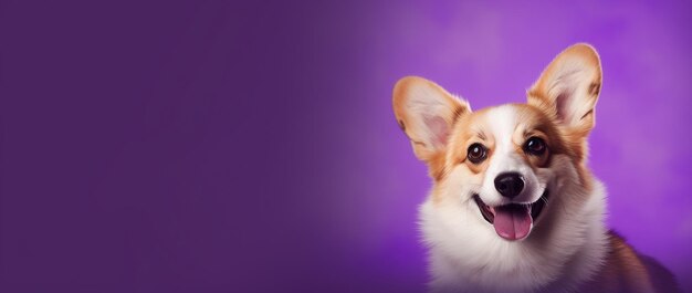 Foto el lindo perro corgi galés sobre un fondo púrpura