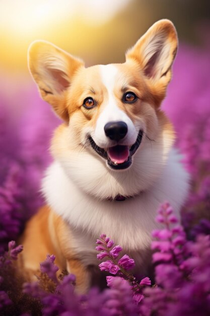 Foto el lindo perro corgi galés sobre un fondo púrpura