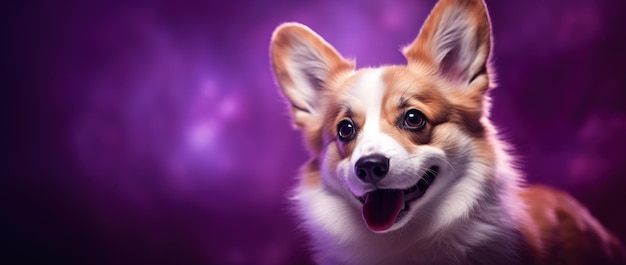 Foto el lindo perro corgi galés sobre un fondo púrpura