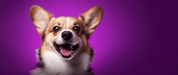 Foto el lindo perro corgi galés sobre un fondo púrpura