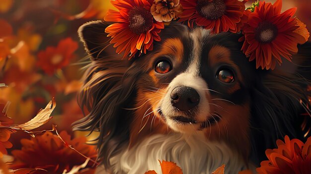 Un lindo perro con una corona de flores está sentado en un campo de hojas de otoño El perro tiene el pelo largo y ondulado y grandes ojos marrones
