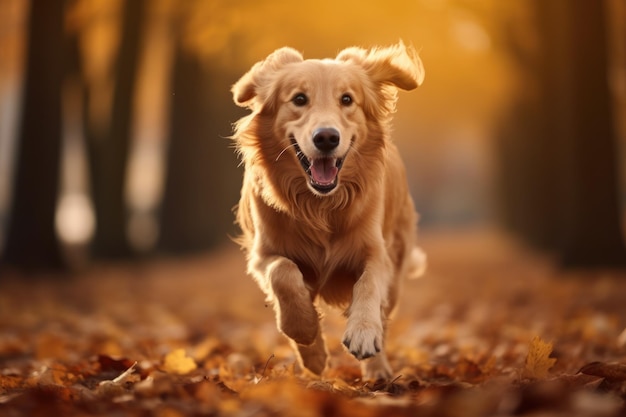 Un lindo perro corre por las hojas de otoño en el bosque.