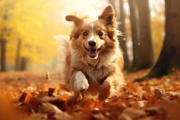 Un lindo perro corre por las hojas de otoño en el bosque.