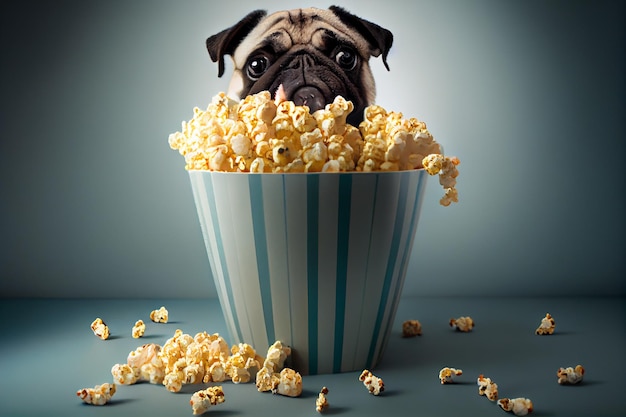 Un lindo perro con un cubo de palomitas de maízIA generativa