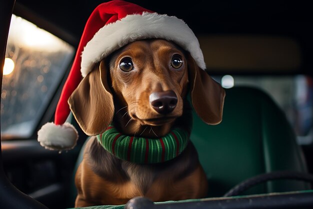 un lindo perro dachshund con un sombrero de Papá Noel está sentado en un coche