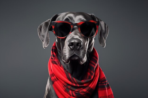 Lindo perro danés vestido con una bufanda de cuadros rojos y gafas de sol con espacio para copiar