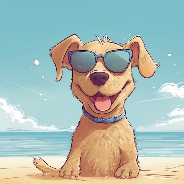 Lindo perro de dibujos animados en la playa con gafas de sol IA generativa