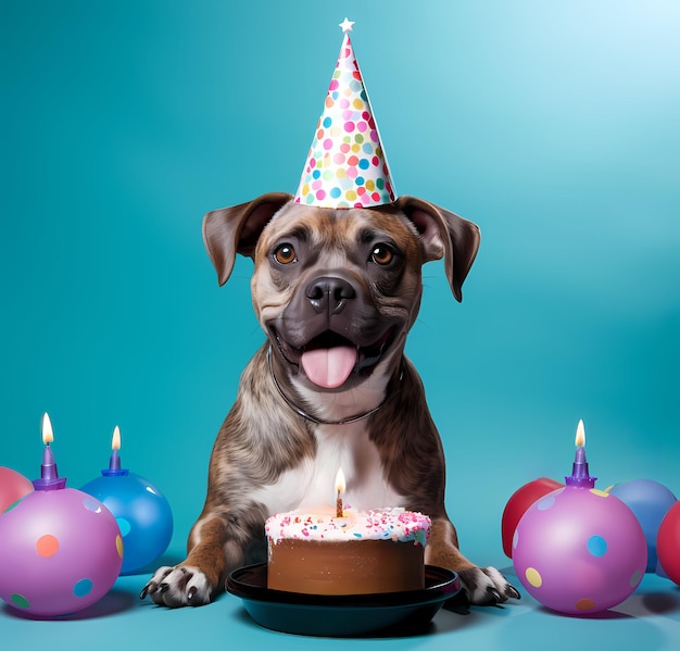 lindo perro de diferente raza con gorro de cumpleaños y globos de pastel y banderas espacio libre de maqueta aislado