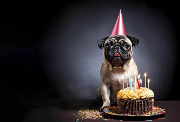 lindo perro de diferente raza con gorro de cumpleaños y globos de pastel y banderas espacio libre de maqueta aislado