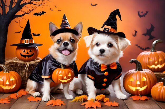 Foto lindo perro disfrazado de halloween con calabazas y murciélagos en el fondo de otoño