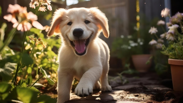 Lindo perro disfrutando del tiempo de juego en el jardín