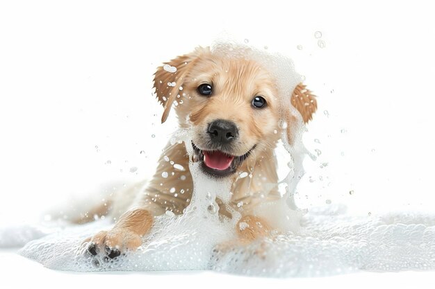 un lindo perro doméstico lavándose mojado de agua sobre un fondo blanco aislado