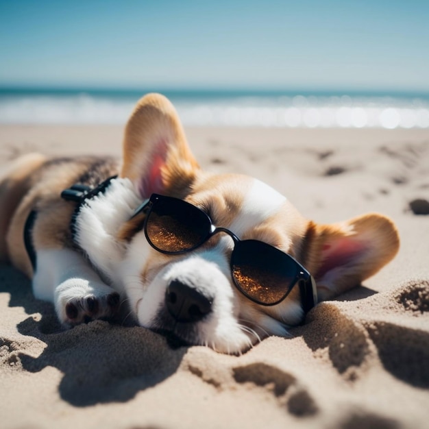 Lindo perro durmiendo en la playa con gafas de sol Ai generativo