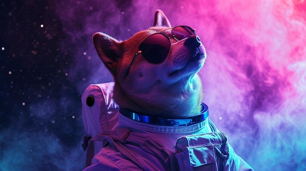 El lindo perro espacial shiba inu vestido con traje de astronauta gafas de sol en Magical Galaxy Star AI Generative