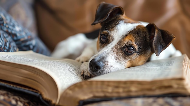 Un lindo perro está acostado en un libro El perro tiene un abrigo marrón y blanco y está mirando a la cámara