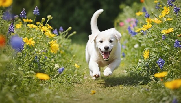 Foto un lindo perro feliz corriendo cerca de las flores de verano