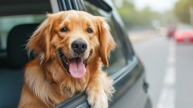 Un lindo perro feliz mirando por la ventana del coche.