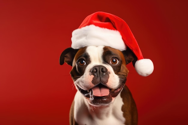 lindo perro feliz con sombrero de santa sobre fondo rojo generado por IA