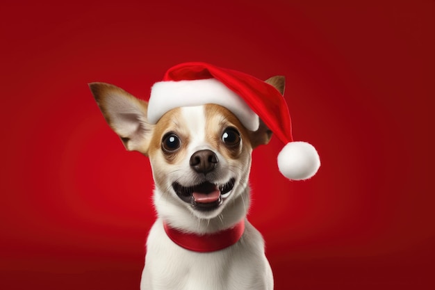 lindo perro feliz con sombrero de santa sobre fondo rojo generado por IA